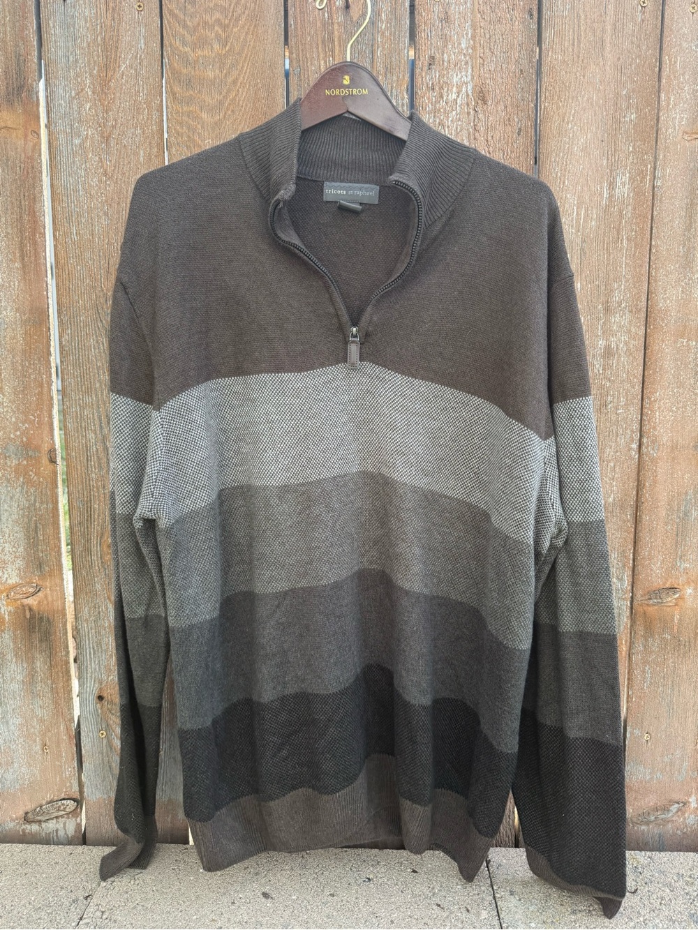 Tricots St Raphael Men's Brown Gray Striped Quarter Zip Acrylic Sweater Size XL